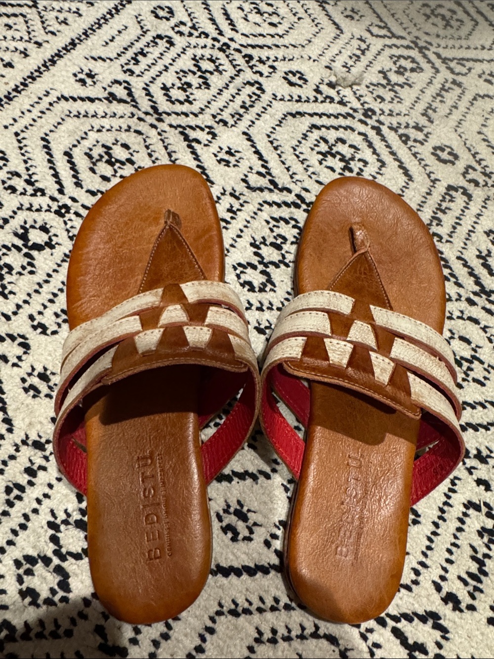 BED|STU Brown Leather Slide Sandals with Cream Straps and Red Accents.